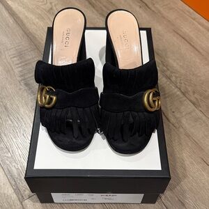 Gucci Black Mules with Gold Fringe Detail